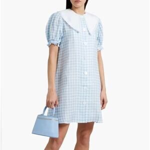 Sleeper Blue Marie Gingham Collar Mini Linen Dress Size XXL